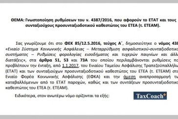 ΥΠΕΚΑΑ: Γνωστοποίηση ρυθμίσεων του ν. 4387/16, που αφορούν το ΕΤΑΤ και τους συνταξιούχους προσυνταξιοδοτικού καθεστώτος του ΕΤΕΑ (τ. ΕΤΕΑΜ)