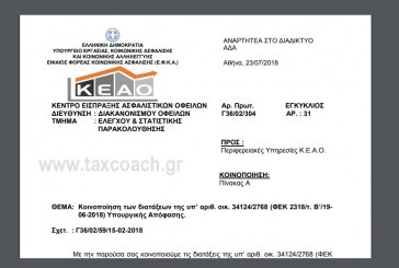 ΕΦΚΑ/KEAO: Κοινοποίηση των διατάξεων της υπ’ αριθμ. οικ. 34124/2768 (ΦΕΚ-2318 Β) υ.α.
