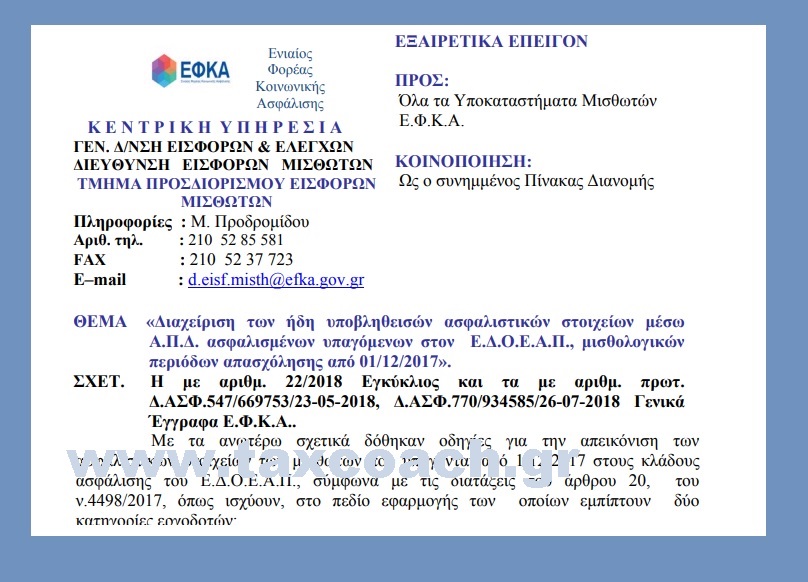 ΕΦΚΑ: Διαχείριση των ήδη υποβληθεισών ασφαλιστικών στοιχείων μέσω ΑΠΔ ασφαλισμένων υπαγόμενων στον ΕΔΟΕΑΠ, μισθολογικών περιόδων απασχόλησης από 1-12-17