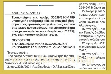 ΚΥΑ: Τροποποίηση της αριθμ. 30659/89 Υ.Α. “Ειδικό εποχιακό βοήθημα προς ομοειδείς επαγγελματικές κατηγορίες (εκτός των οικοδόμων) και ειδικό βοήθημα προς μεμονωμένους ασφαλισμένους”