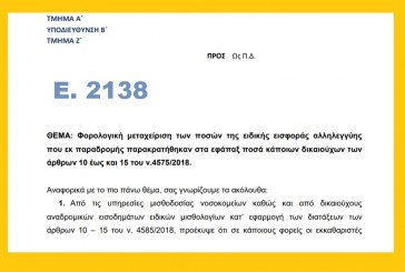 Ε. 2138 /19: Φορολογική μεταχείριση των ποσών της ειδικής εισφοράς αλληλεγγύης που εκ παραδρομής παρακρατήθηκαν στα εφάπαξ ποσά κάποιων δικαιούχων των άρθρων 10 έως και 15 του ν.4575/2018