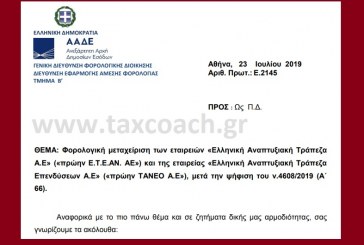 Ε. 2145 /19: Φορολογική μεταχείριση των εταιρειών «Ελληνική Αναπτυξιακή Τράπεζα Α.Ε» («πρώην Ε.Τ.Ε.ΑΝ. ΑΕ») και της εταιρείας «Ελληνική Αναπτυξιακή Τράπεζα Επενδύσεων Α.Ε» («πρώην ΤΑΝΕΟ Α.Ε»), μετά την ψήφιση του ν.4608/19