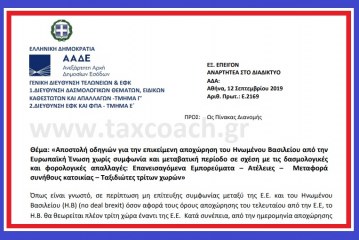 Ε. 2169 /19: Αποστολή οδηγιών για την επικείμενη αποχώρηση του Η.Β. από την Ε.Ε. χωρίς συμφωνία και μεταβατική περίοδο σε σχέση με τις δασμολογικές και φορολογικές απαλλαγές: Επανεισαγόμενα Εμπορεύματα – Ατέλειες – Μεταφορά συνήθους κατοικίας – Ταξιδιώτες τρίτων χωρών