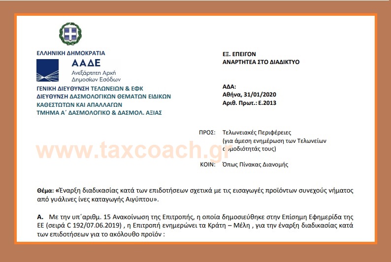 Ε. 2013 /20: Έναρξη διαδικασίας κατά των επιδοτήσεων σχετικά με τις εισαγωγές προϊόντων συνεχούς νήματος από γυάλινες ίνες καταγωγής Αιγύπτου