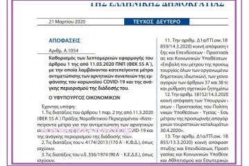 Α. 1054: Καθορισμός λεπτομερειών εφαρμογής του άρθρου 1 της από 11.03.2020 ΠΝΠ, με την οποία λαμβάνονται κατεπείγοντα μέτρα αντιμετώπισης των αρνητικών συνεπειών της εμφάνισης του κορωνοϊού