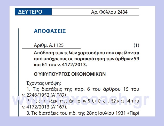 Α. 1125 /20: Απόδοση των τελών χαρτοσήμου που οφείλονται από υπόχρεους σε παρακράτηση των άρθρων 59 και 61 του ν. 4172/13.