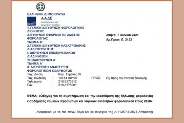 Ε. 2122: Οδηγίες για τη συμπλήρωση και την εκκαθάριση της δήλωσης φορολογίας εισοδήματος νομικών προσώπων και νομικών οντοτήτων φορολογικού έτους 2020.